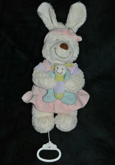 Peluche Doudou Lapin Musical TEX Carrefour Robe Rose Papillon Nœud 28 Cm TTBE