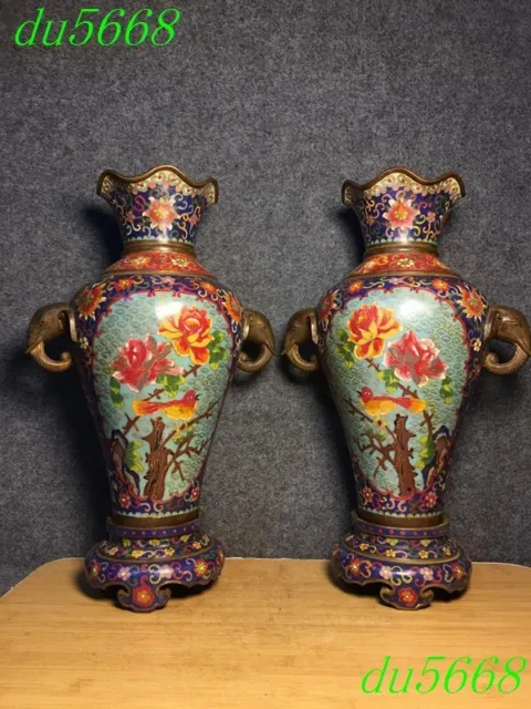 18"Bronze cloisonne Elephant ear flowers pattern Bottle Pot Vase Jar Statue pair