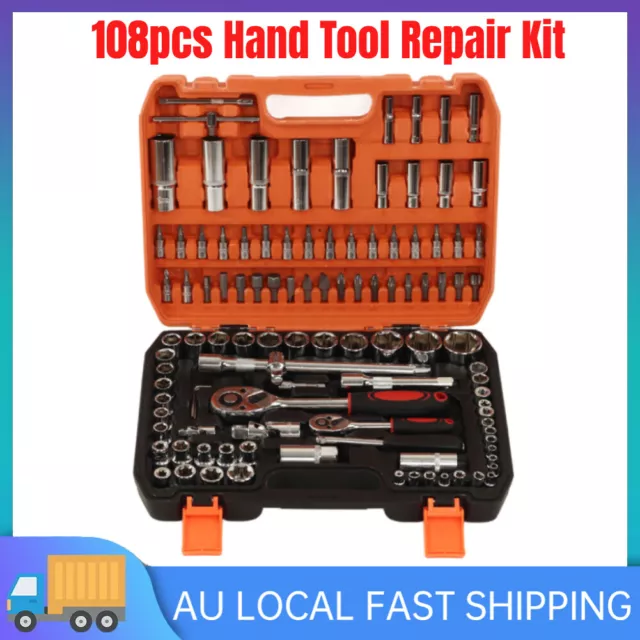 108PCS Tool Kit Socket Hand Set 1/2" & 1/4" Ratchet Spanner Wrench Metric Driver