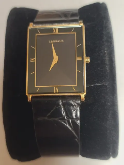 Seiko Lasalle Watch Mens Bevel Crystal Black Dial And Band Gold Tone Vintage...