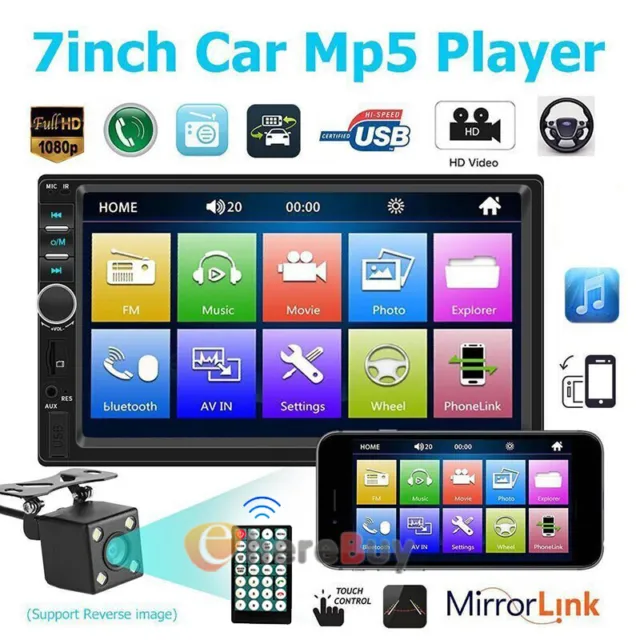 7" Double 2 DIN Car MP5 Player Bluetooth Touch Screen Stereo Radio With Camera