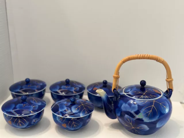 Vintage Fukagawa Porcelain Ruri grape leaves tea set, Colbalt blue