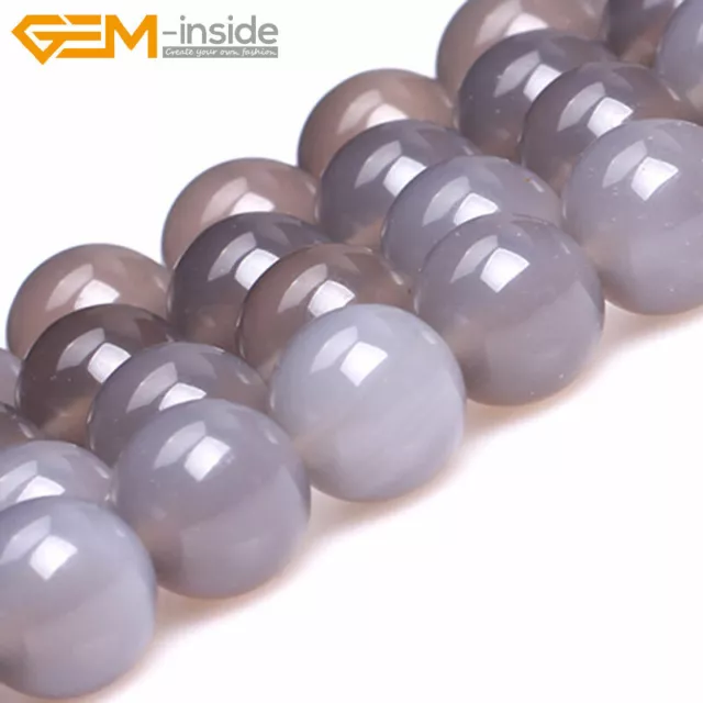 Natural Grey Agate Gemstone Round Loose Beads For Jewellery Making Strand 15" UK