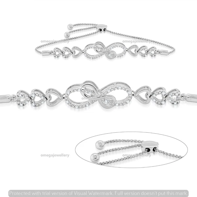 0.12 Ct Real I2 J Diamond Infinity adjustable Bolo Bracelet 14K White Gold Over