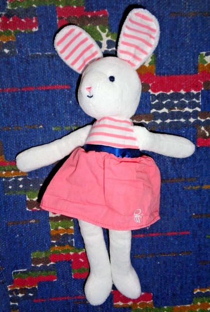 2Pa/ Doudou Peluche Obaibi Lapin Blanc Robe Rose Raye 28 Cm Quasi Neuf