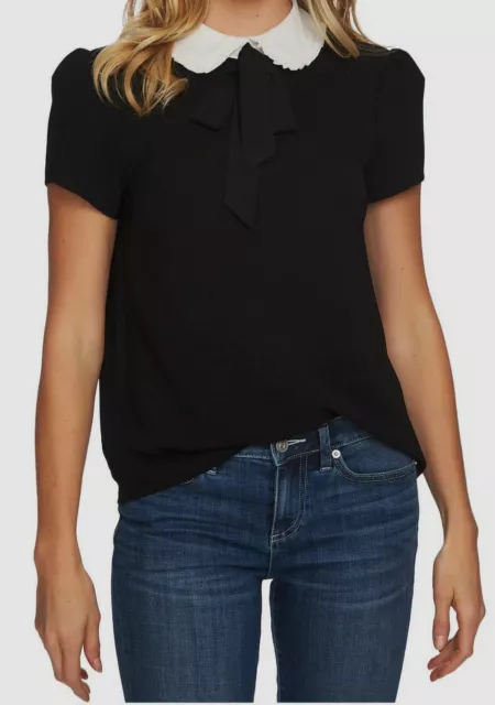 $79 CeCe Women's Black Ruffle Collar Short Sleeve Tie Casual Blouse Top Size XXS