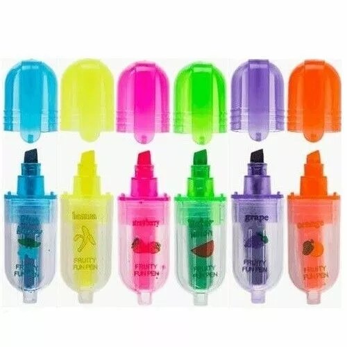 6 x MINI SCENTED HIGHLIGHTER PENS Fruit Smelly Bright FLUORESCENT Office School