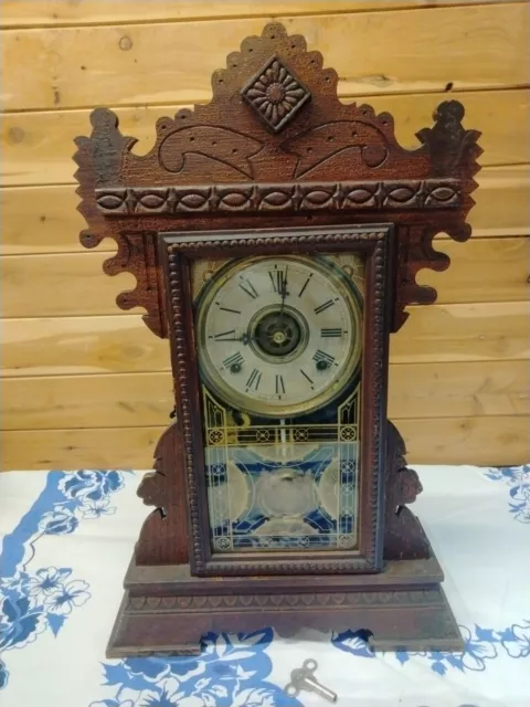 Antique  Wm. Gilbert  Gingerbread Shelf Mantle Wood Clock Lake No.6 Pendulum Key