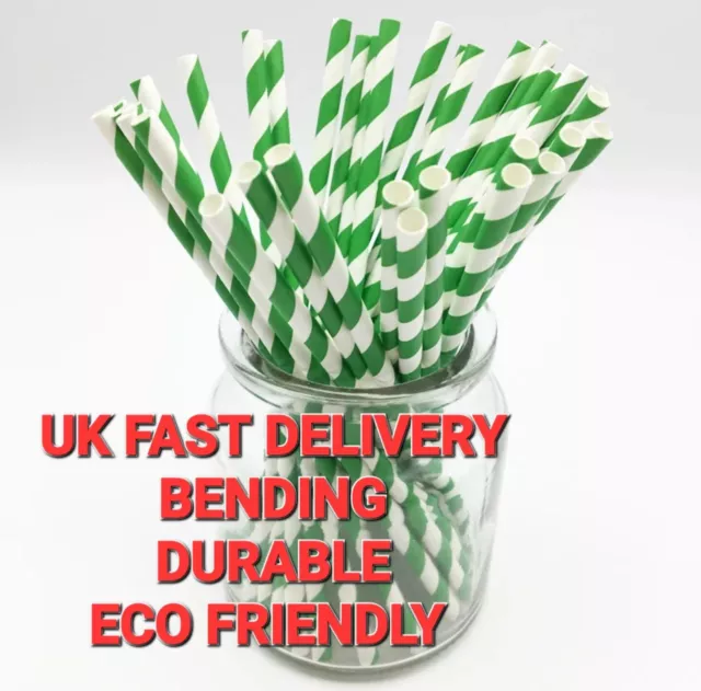 50 X Eco Green White Stripe Bendy Paper Drinking Straw Party Cocktail Disposable