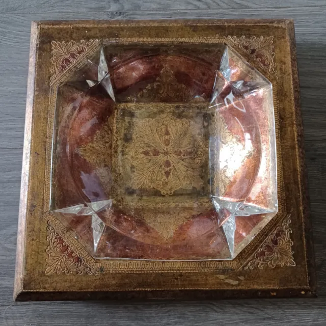 Italian Florentine Gilt Wood Deep Tray Ashtray Octagon Rust Gold Vintage Mcm