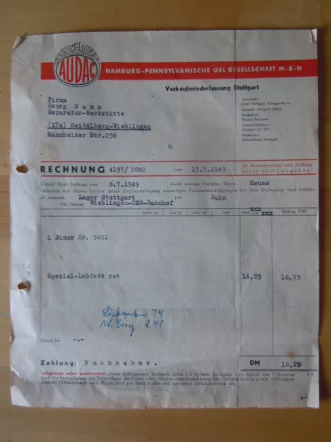 AUDAC ÖL Gesellschaft 1949 Rechnung Spezial Lubfett