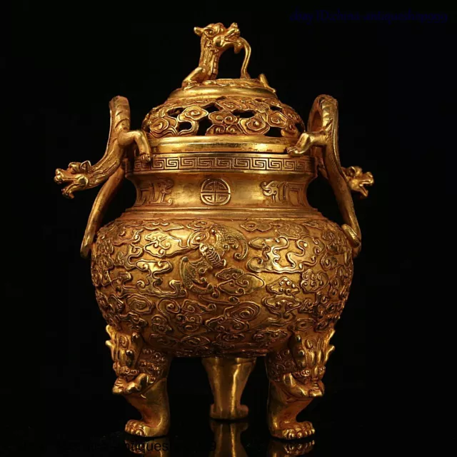 Marked Chinese Bronze 24k Gold Gilt Dragon Beast Head Bat Incense Burner Censer