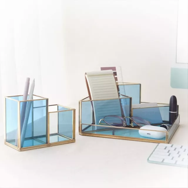 Set of 2 Gold Desk Organizers for Home Office Supplies, Gold Brass and Blue G...