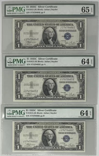 1935-C Fr. 1612 3 Consecutive Silver Certificates, PMG 65-EPQ, 64-EPQ & 64-EPQ