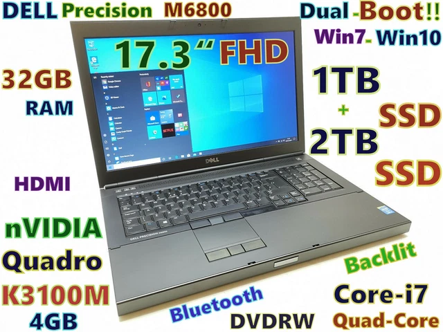 DUAL-BOOT WORKSTATION 17.3 DELL M6800 i7-QUAD FAST 1TB SSD + 2TB