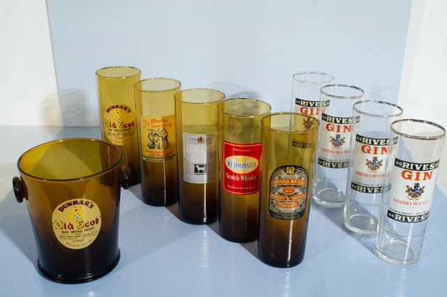 ENSEMBLE WHISKY GIN 9 verres publicitaires Ancien 1950 avec Seau à ...