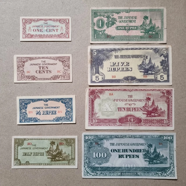 Japanese Invasion Money (JIM) WWII Banknotes Set of 8 Burma 1 cent - 100 Rupees