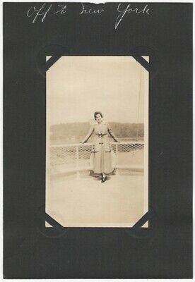Pretty Young Woman on Ship Deck Bound for New York Snapshot on Album Page