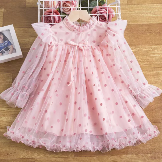 Enfant Fille Maille Tulle Robes Nœud Ruche Long Évasé Manche Princesse Fairy