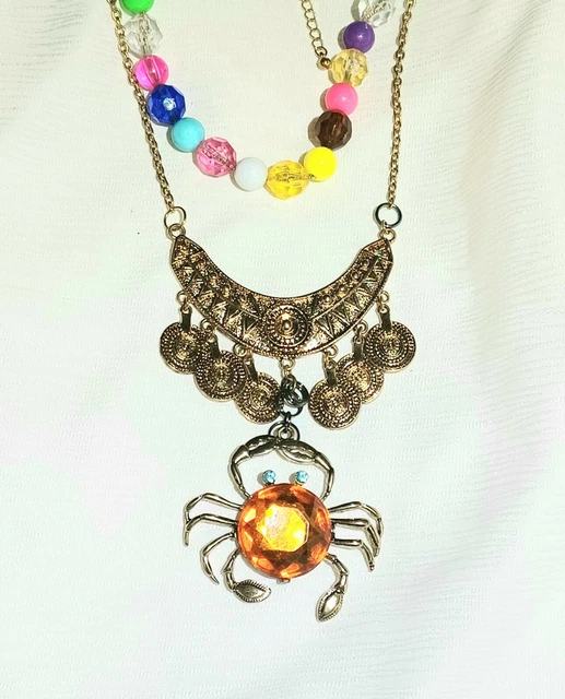 Gold Multi-Colored Layered Beaded Bejeweled Orange And Gold Crab Cancer Necklace
