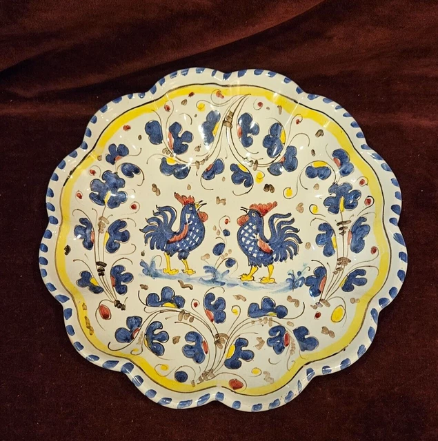 Fidia DERUTA Italy Art Pottery Scalloped Bowl 10" BLUE ROOSTER