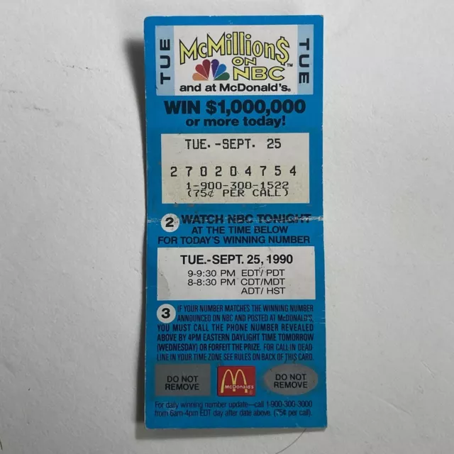 VTG McDonalds McMillions On NBC Game Piece Ticket 1990 September 25