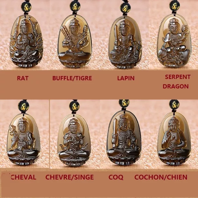Pendentif Bouddha Guanyin Zodiaque en Obsidienne Noire Translucide avec Chaine
