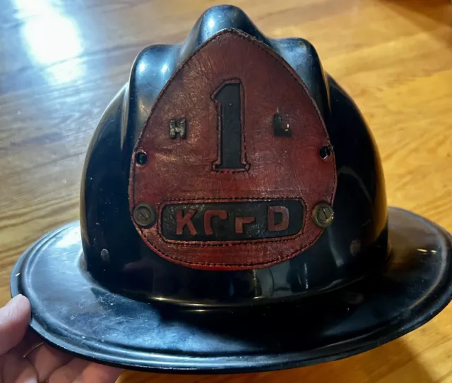 Vintage KCFD Firemen Helmet Cairns Leather Lining Black Kansas City Fire