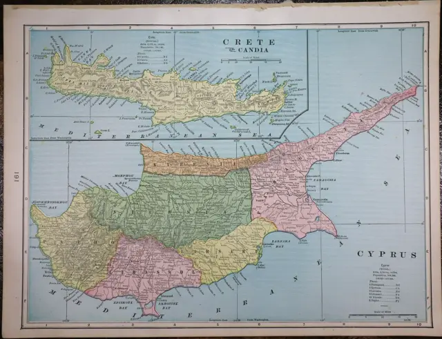 Old (11x14) 1899 Cram's Atlas Map ~ CYPRUS - CRETE ~ Free S&H  ~Inv#522