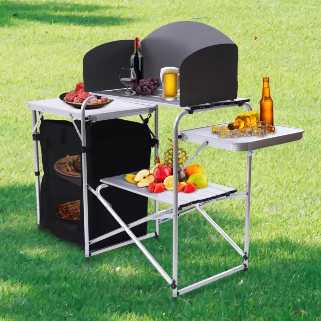 Portable Folding Camping Kitchen Table Outdoor Picnic BBQ Cupboard Desk