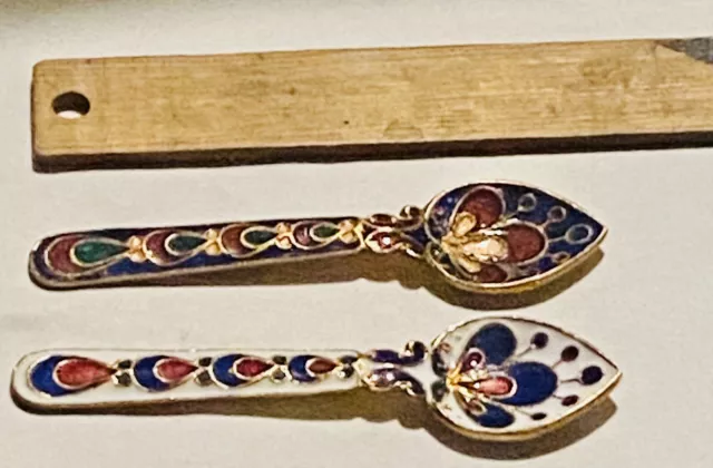 VTG Lovely Set Of 2 Enamel Cloisonné Over Copper W/Orig Tags Small Spoons 3