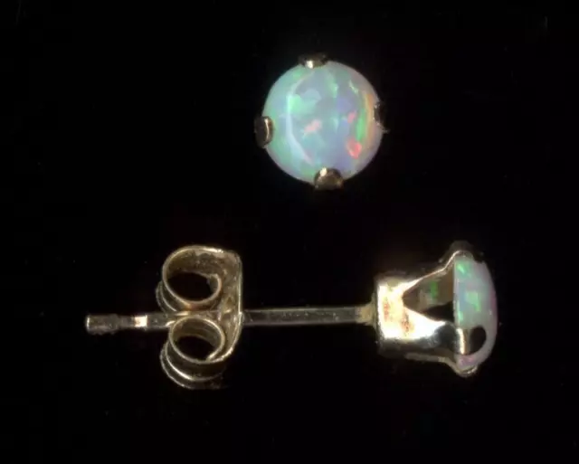 14K Yellow Gold 4mm Round Cut White Fire Lab-Created Opal Stud Earrings -lr