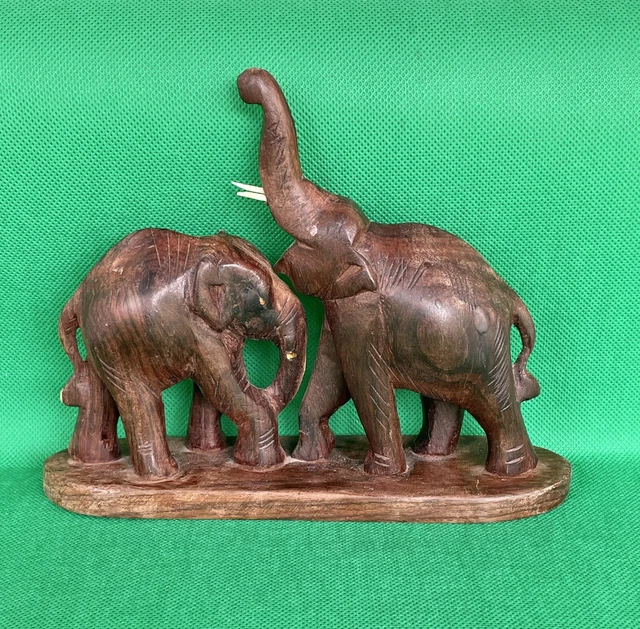 Vintage Pair of Beautiful Hand Carved & Mounted Wood Elephants (DA)