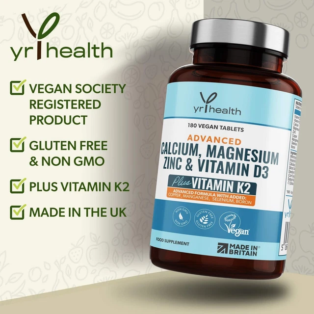 CALCIUM MAGNESIUM ZINC Vitamin D3 and K2 Vegan 180 Tablets Made in UK £ ...
