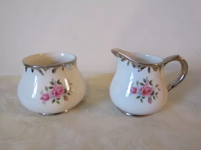 Arthur Wood Pottery Floral Sugar Bowl & Milk Jug Silver Rims 9cm tallest