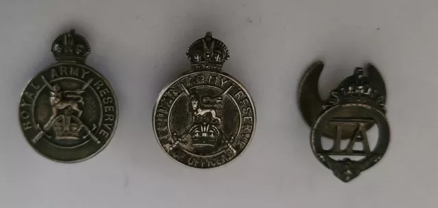 3 WW2 Silver Lapel Badges Army Reserve, Officers Army Reserve & Territorial Army