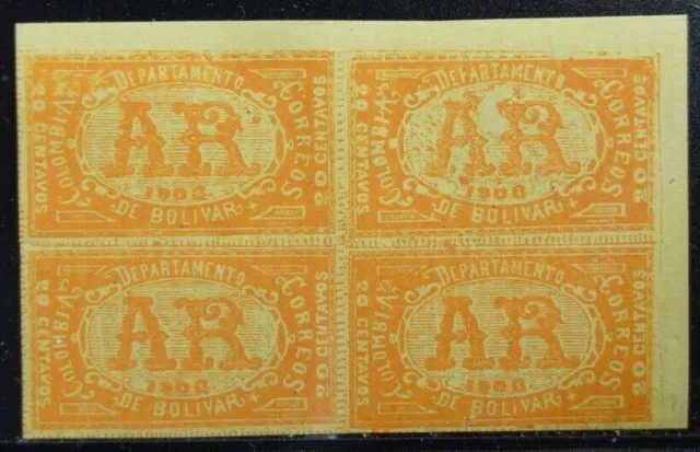 Colombia Bolivar Scott #H1a Yellow Laid Paper Block of 4 F/VF Mint Hinged