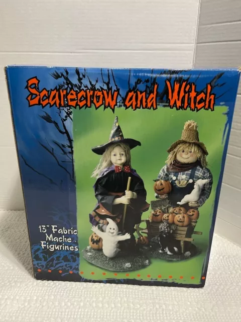 Halloween Scarecrow and Witch 13” Fabric Mache Figures, Open Box Never Used