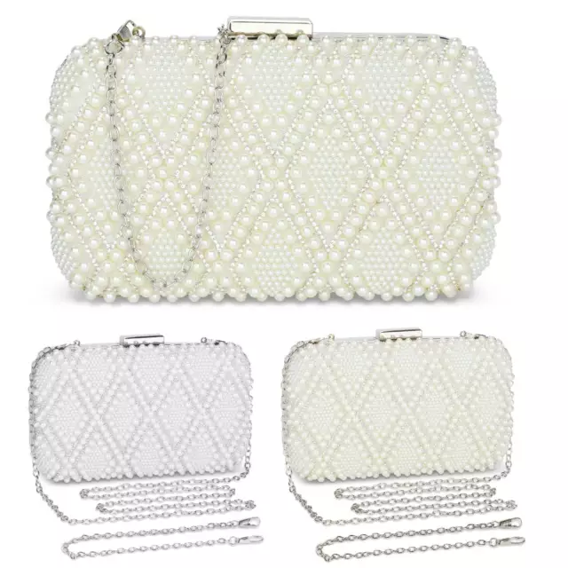 Women Ladies Evening Clutch Bag Beaded Pearl Handbag Bridal Prom Wedding Party