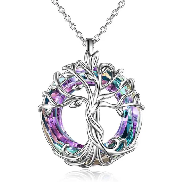 Celtic Tree Of Life Purple Blue Crystal Round Pendant Charm Necklace Gift