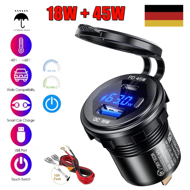12V/24V Typ-C PD + USB Auto Steckdose Ladegerät Touch Schalter Einbau QC 3.0