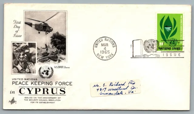 United Nations 1965 FDC First Day of Issue 11 cent Peace Keeping Force in Cyprus