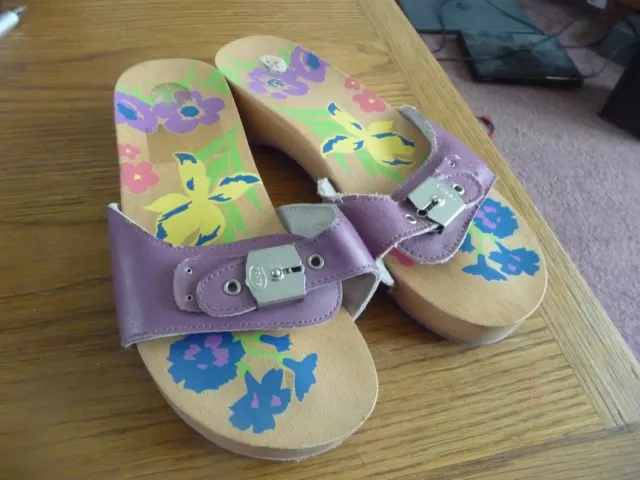 Scholl purple wooden clog sandals size 5 EU 38