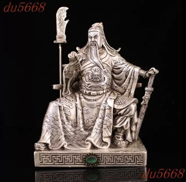 8"China Tibetan silver Inlay gem Dragon Guan Gong Guan Yu warrior God Statue