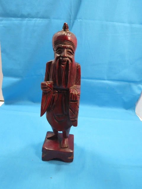 Oriental Asian Hand Carved Wooden Man 12"  with Fish Figurine Statue NO ROD