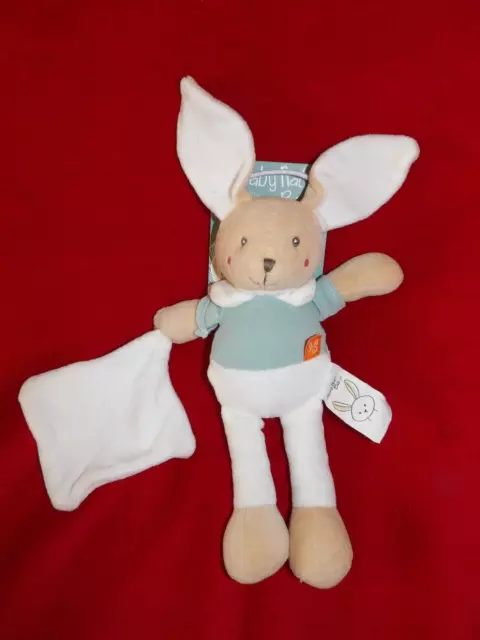 Doudou Peluche Babynat Lapin Bleu Blanc Mouchoir Coton Bio Neuf
