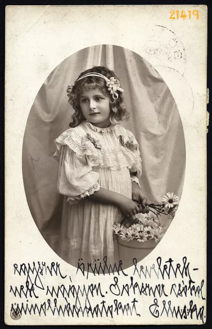 sweet girl w flowers, Vintage PC Photograph, 1912 Hungary