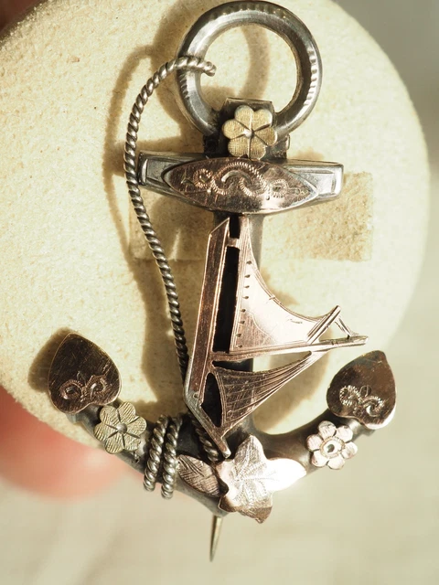 Broche Ancienne En Argent Sterling Massif - Style Napoléon III - Pierre Onyx Et Perles - Occasion - Bijou Vintage