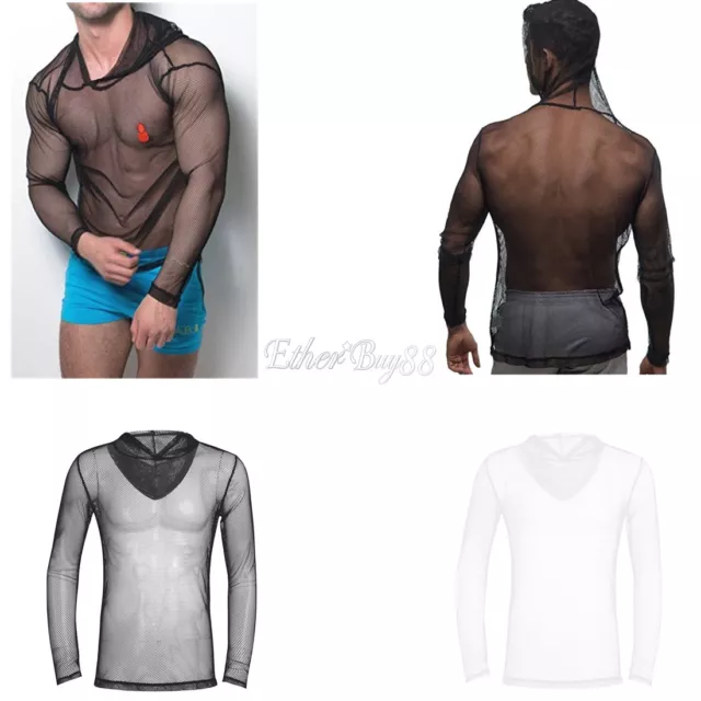 Men See Through Fishnet Undershirt Muscle Top Hooded Clubwear Tee Shirt Vest