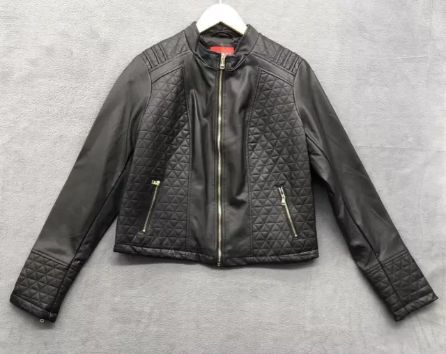 Guess Womens Faux Leather Jacket Size XL Black Quilted Pattern Crop